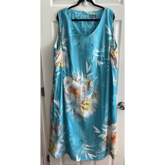 SELECTION ULLA POPKEN Plus 100% Linen Hawaiian Floral Blouse Midi Dress - Picture 9 of 16